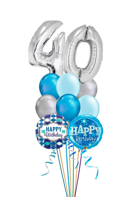 Balloon bouquet with silver number '40' balloons and blue and silver 'Happy Birthday' balloons on a white background.