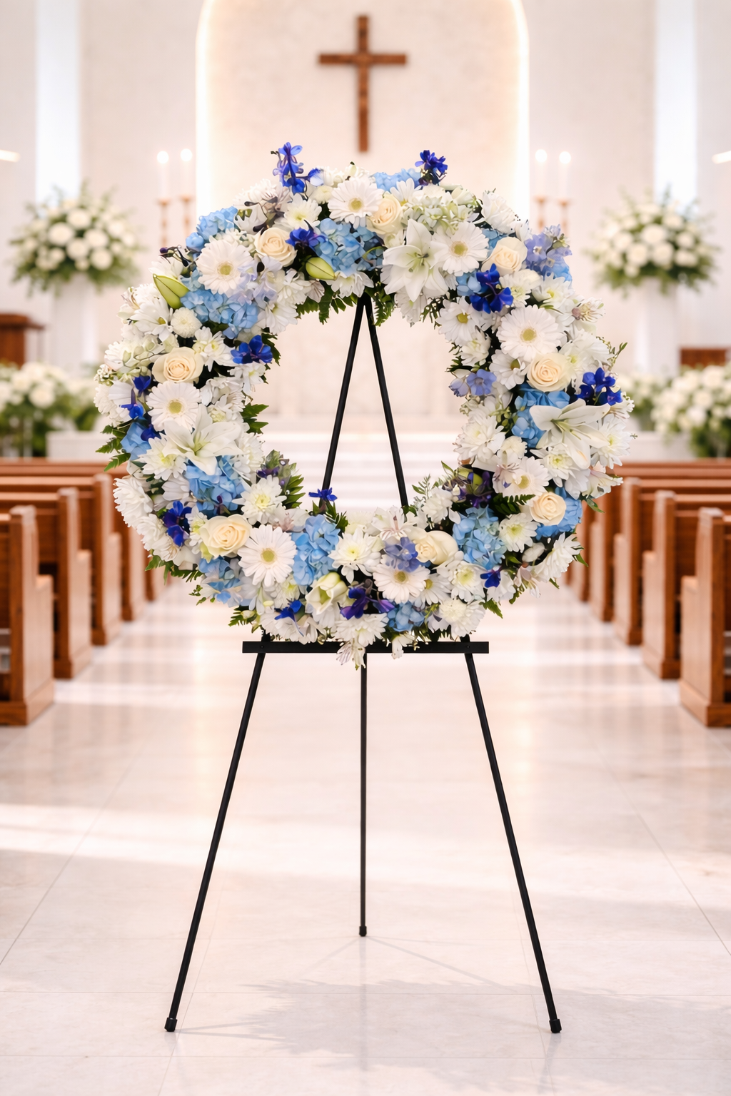 Blue & White Sympathy Wreath – Redwood City