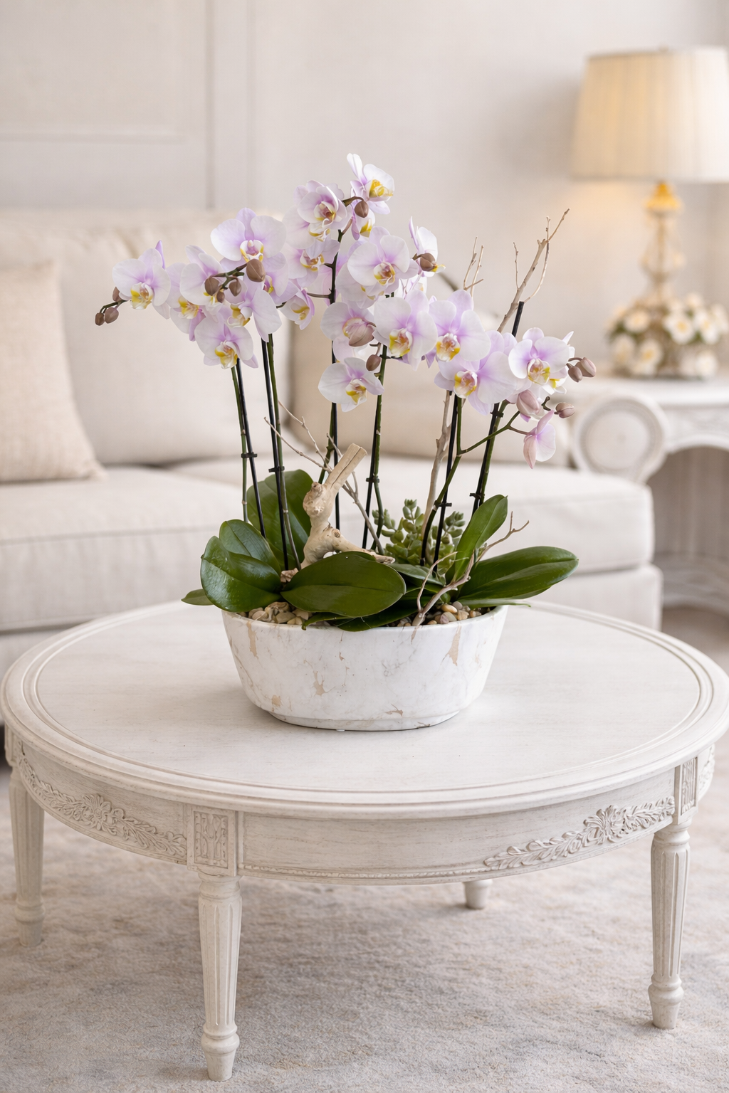 Serene Luxe Phalaenopsis Orchid Garden in Marble Planter