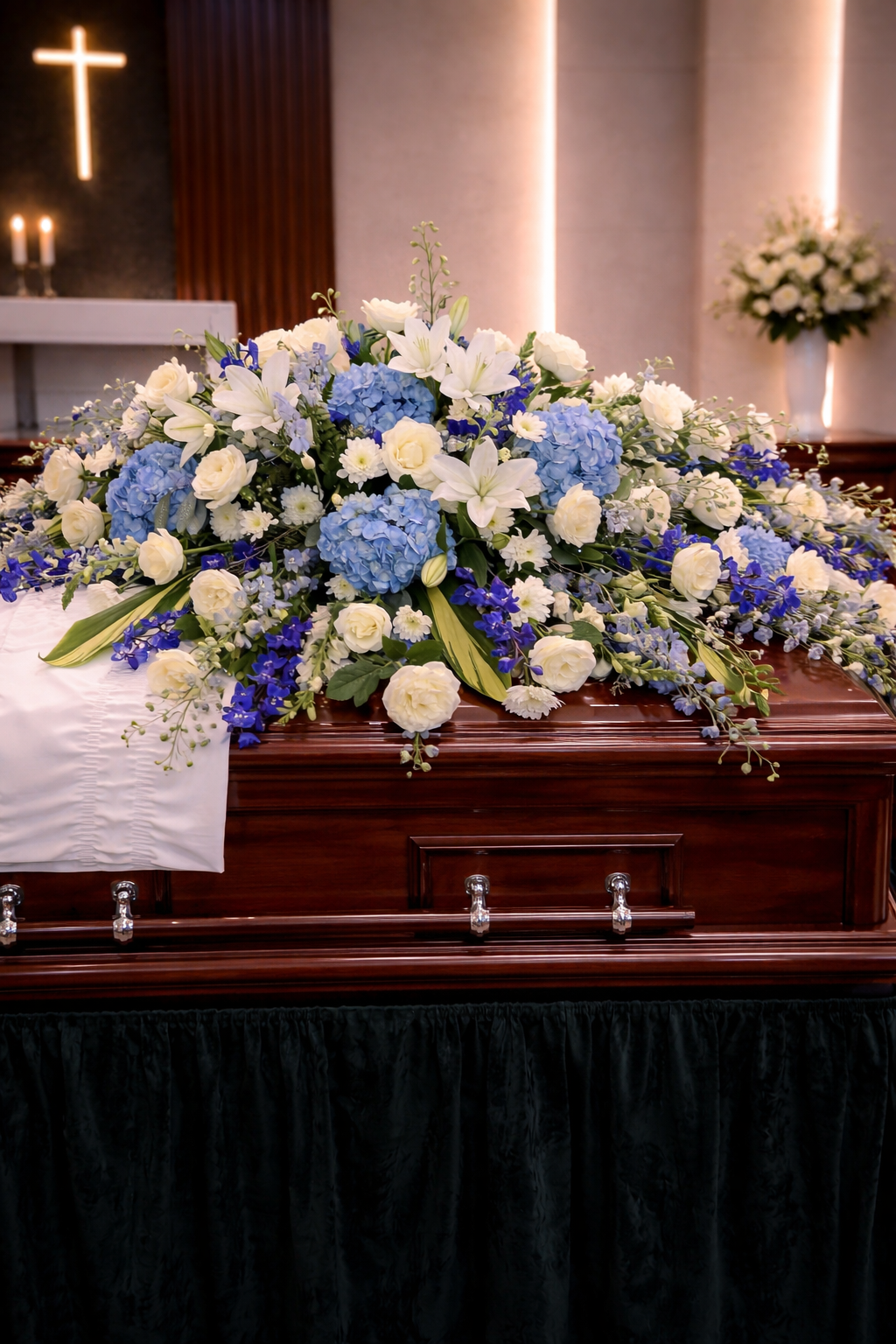 Blue and white casket spray with hydrangeas, roses, and lilies on a mahogany casket in a chapel setting