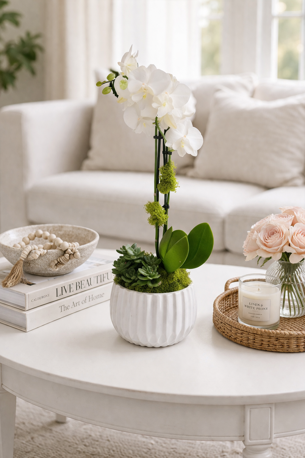 Decorative setup on a coffee table with plants, books, and candles in a living room.