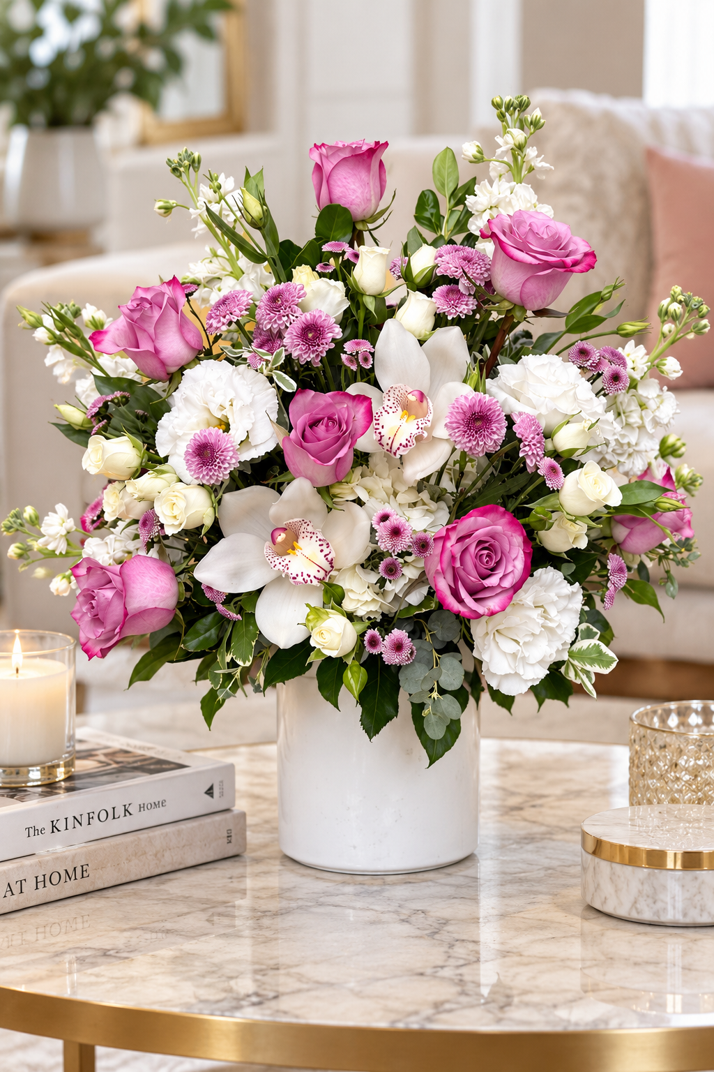 Lavender Rose Garden flower arrangement featuring lavender-pink roses, white cymbidium orchids, white carnations and pink chrysanthemums in a white vase.