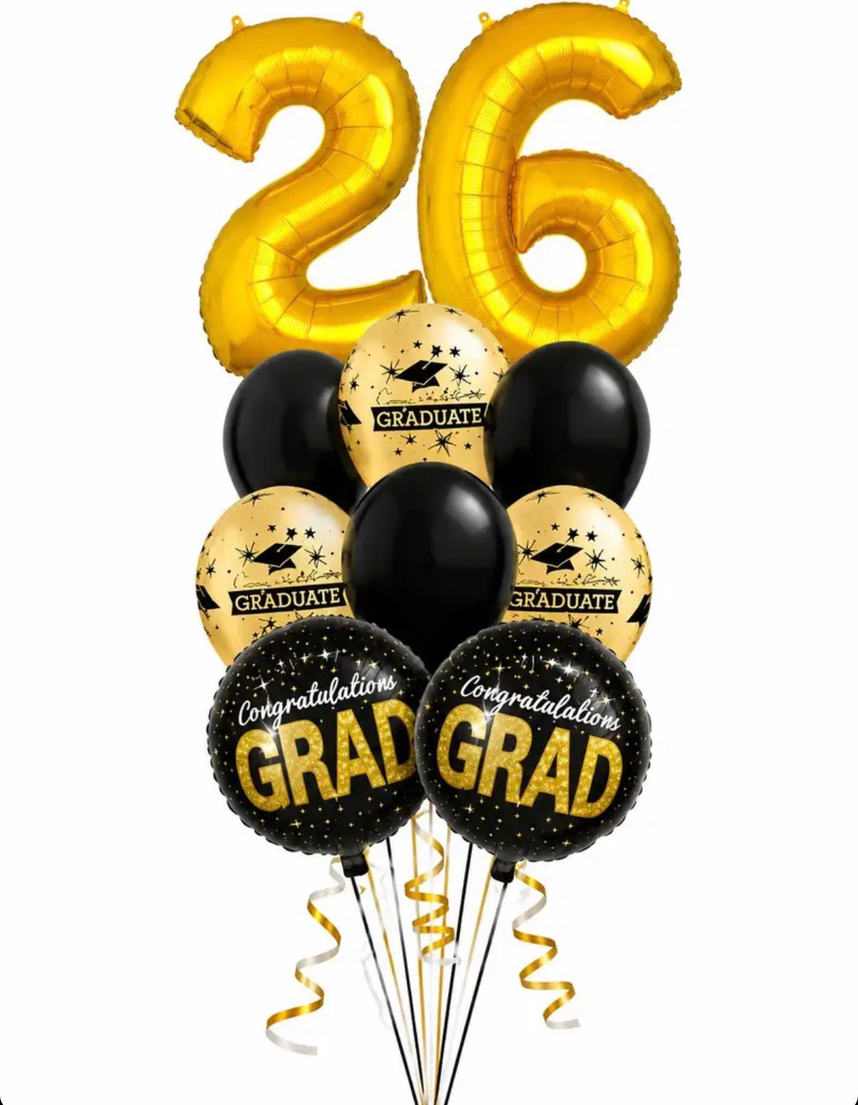 Graduation-themed balloons with 'Congratulations Grad' and number '26' on a white background