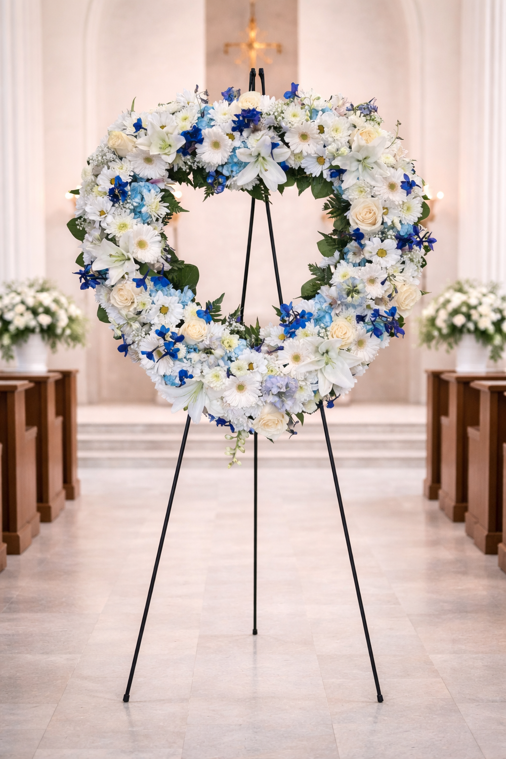 Blue & White Heart Sympathy Wreath – Redwood City