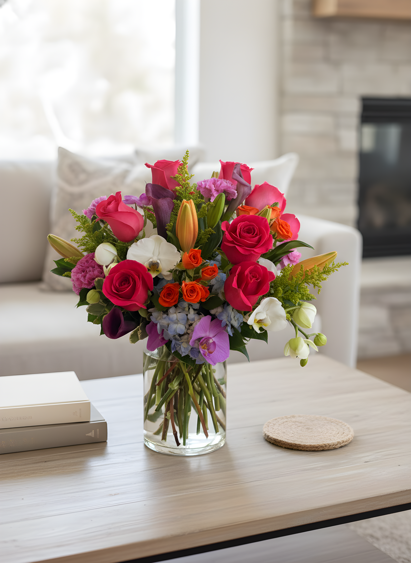 Vibrant Garden Luxe Floral Arrangement with Roses, Orchids & Lilies