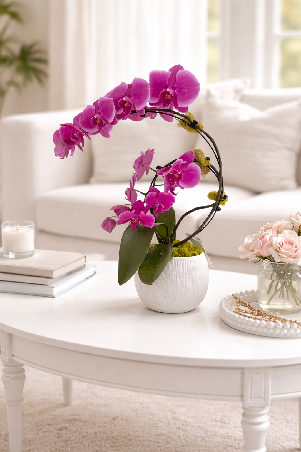 Luxury Pink Phalaenopsis Orchid in White Ceramic Pot – Elegant Coffee Table Plant