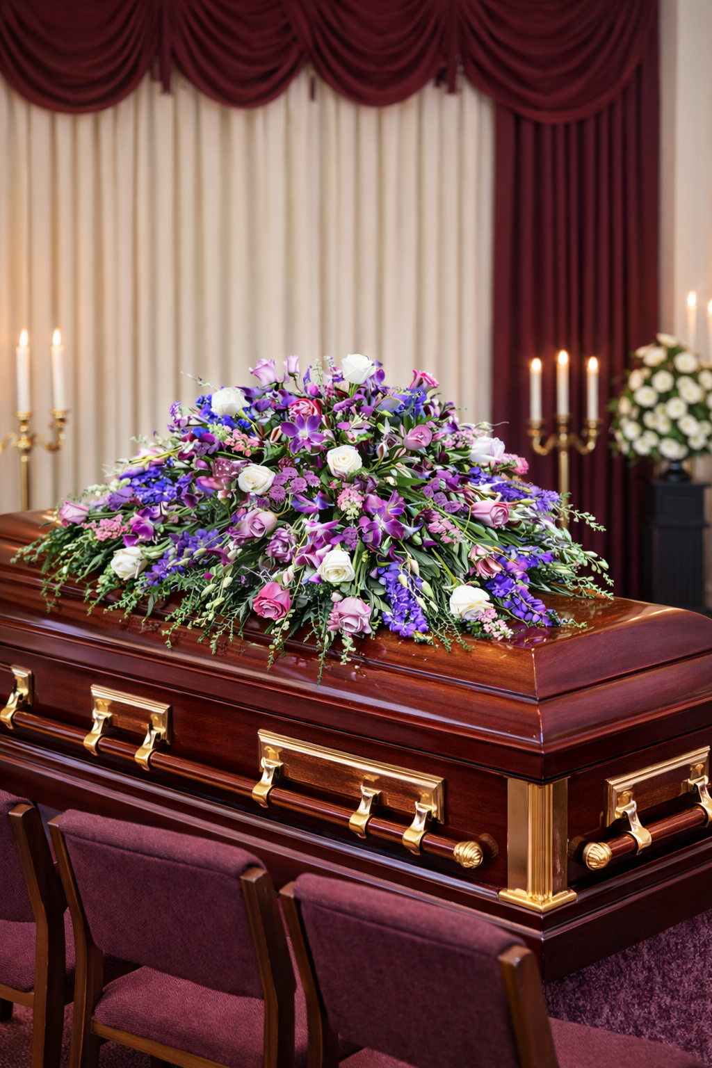Luxury Purple & White Funeral Casket Spray
