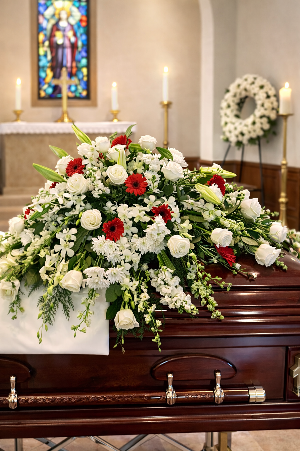 White & Red Sympathy Casket Spray – Redwood City