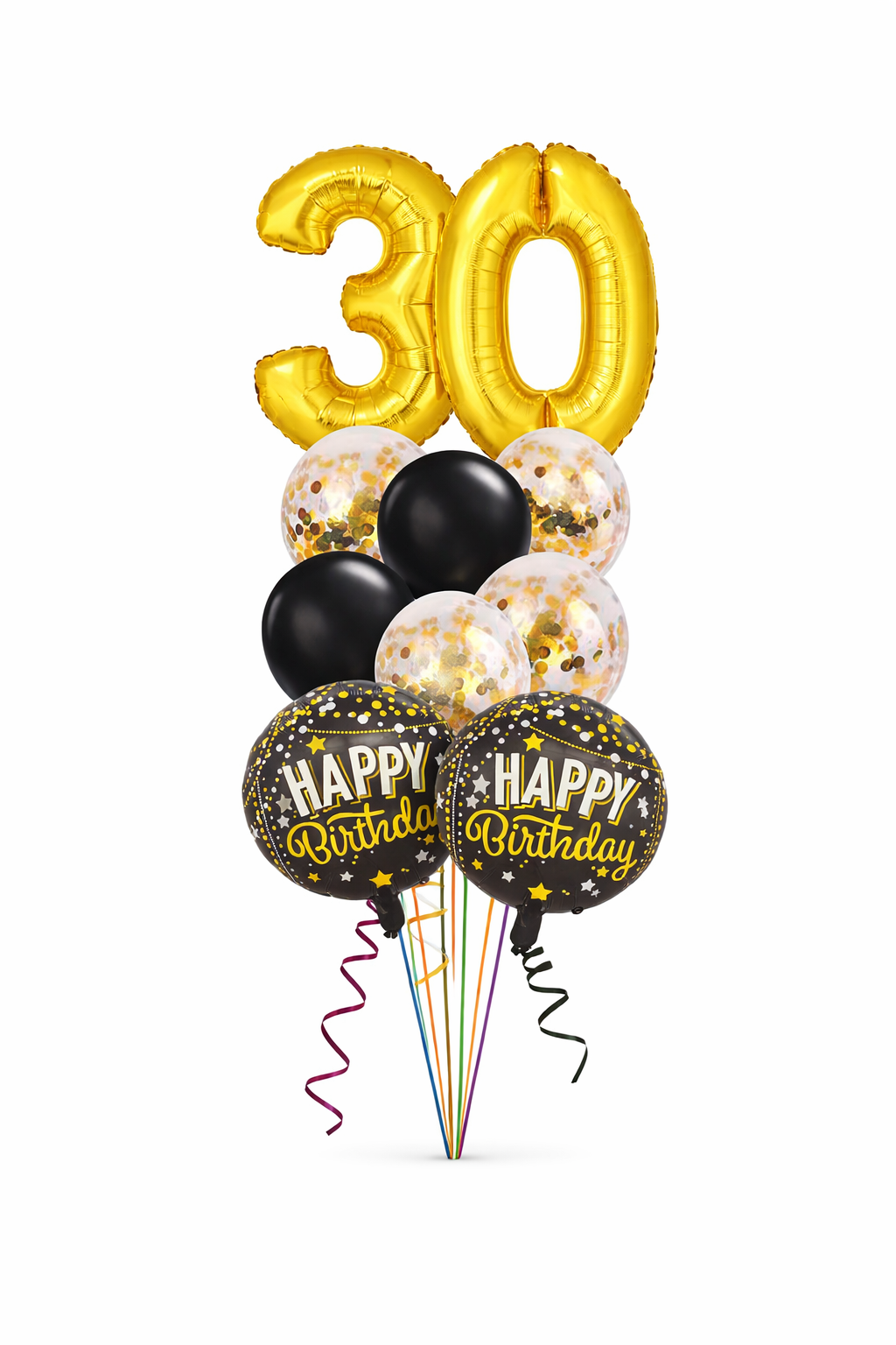 Balloon bouquet with gold '30' and 'Happy Birthday' balloons on a white background