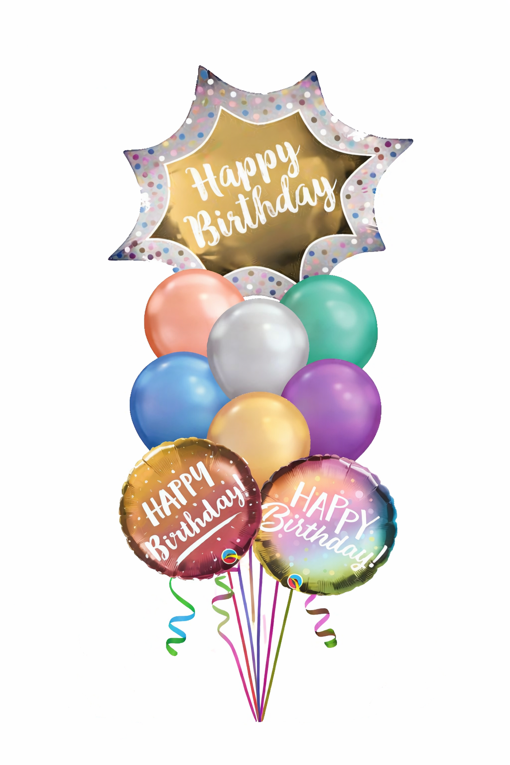 Colorful birthday balloons with 'Happy Birthday' text on a white background