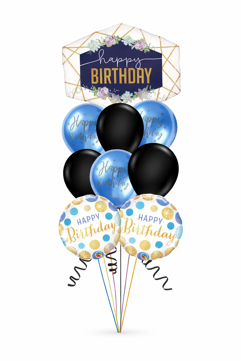 Birthday balloons with 'Happy Birthday' text on a white background