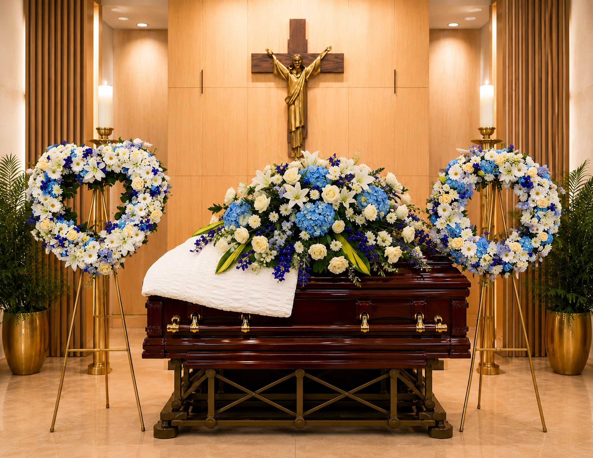 Casket with floral arrangements and a crucifix in a funeral home setting