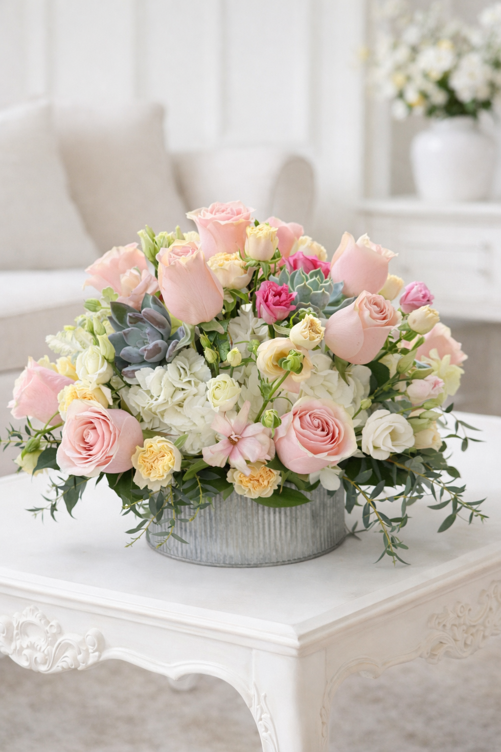 Floral arrangement in a metal container on a white table