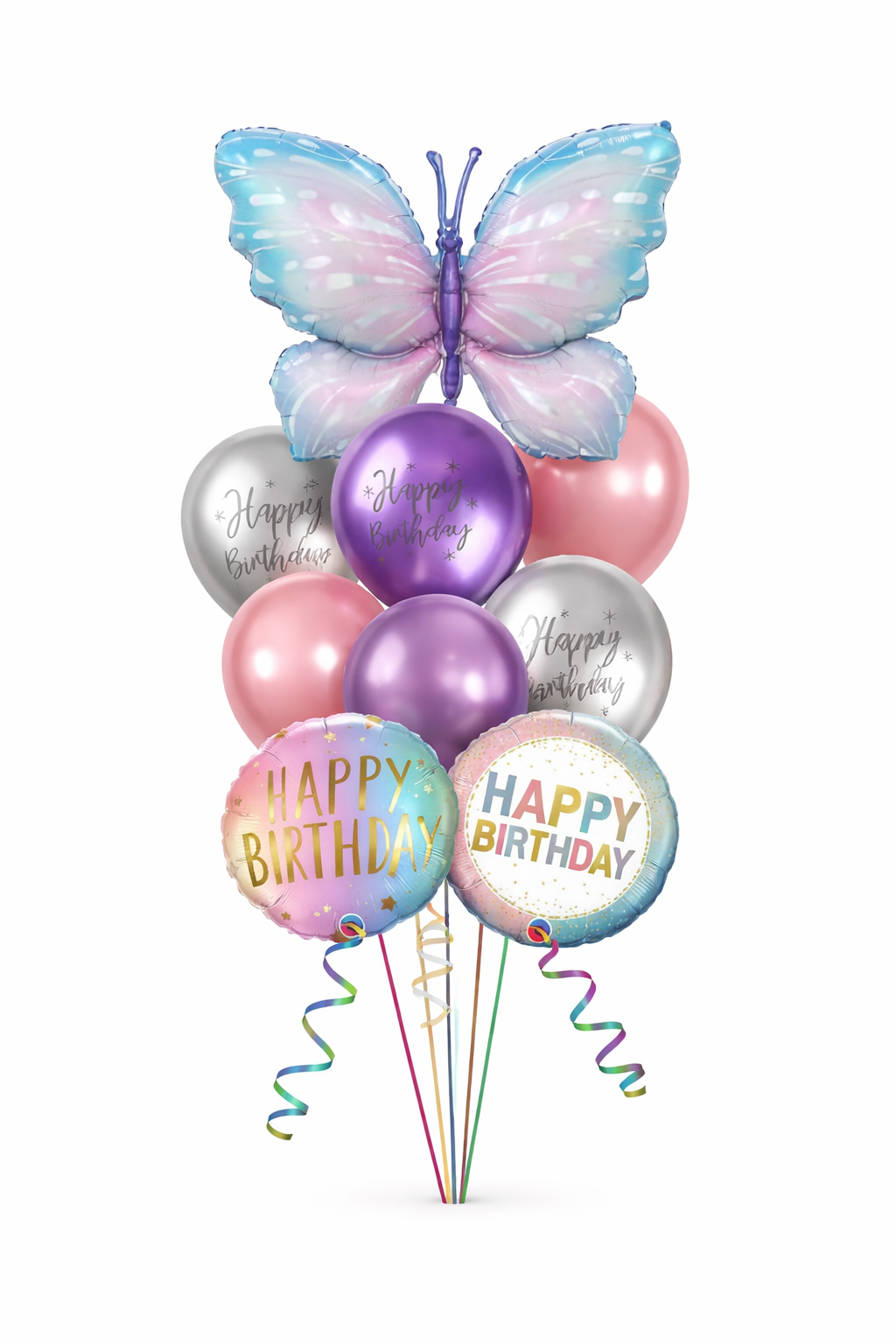 Colorful balloon bouquet with a butterfly-shaped balloon on a white background