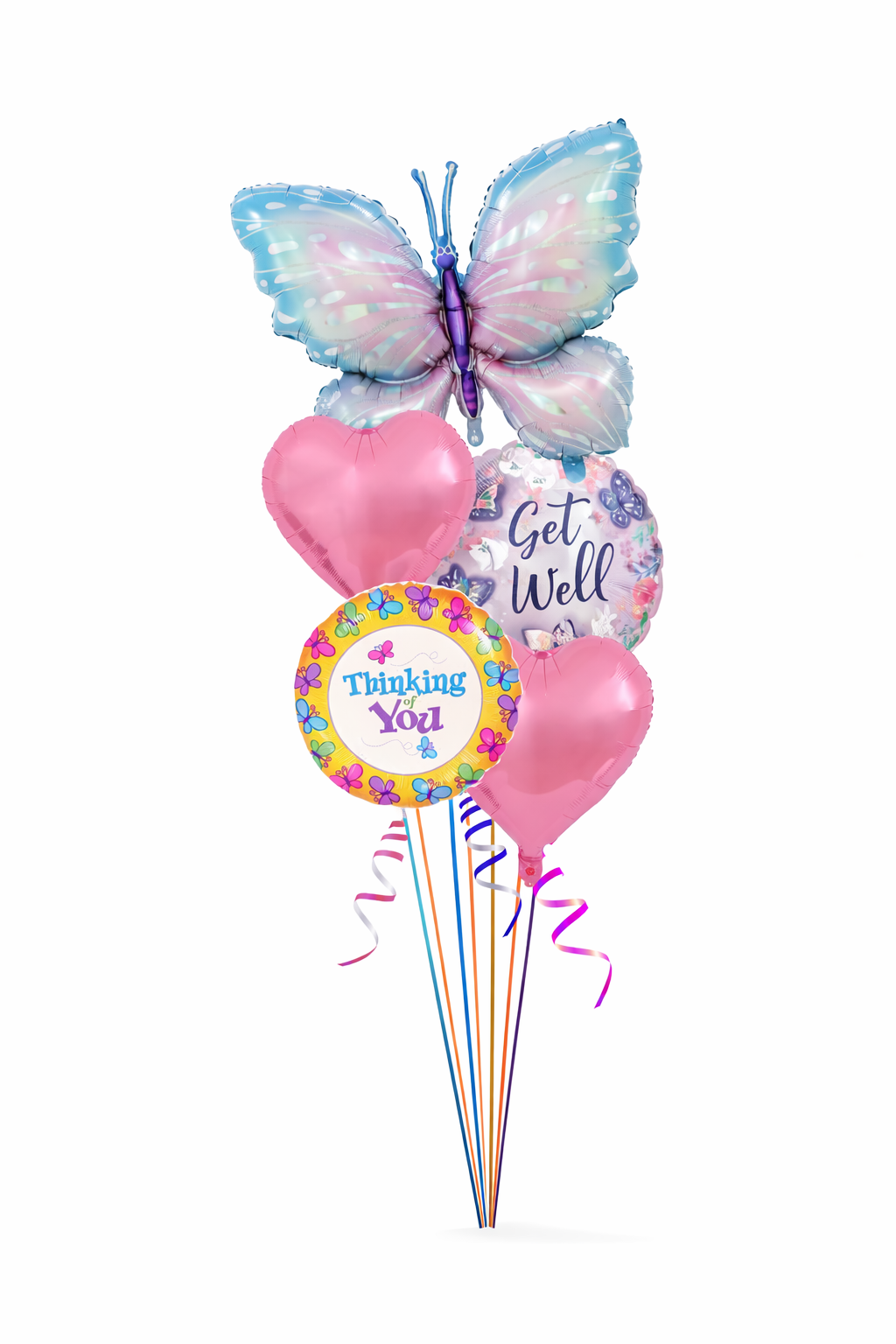 Balloon bouquet with butterfly, heart, and 'Thinking of You' balloon on a white background