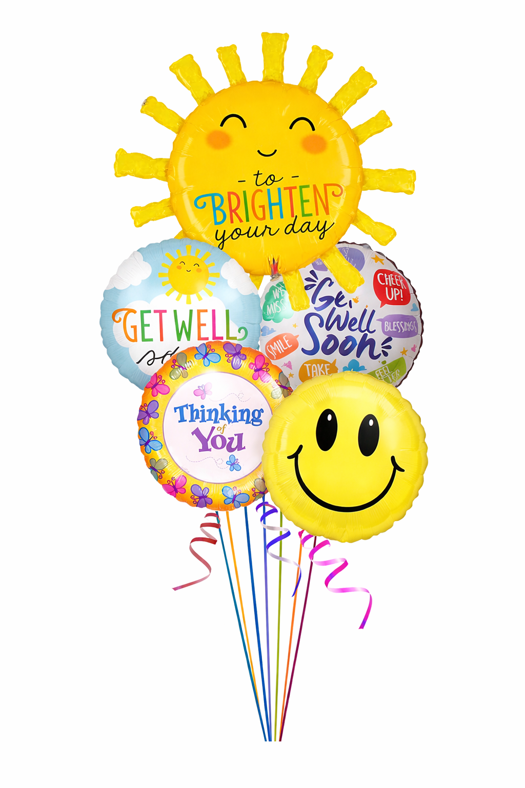 Colorful balloon bouquet with smiley faces and get-well messages on a white background