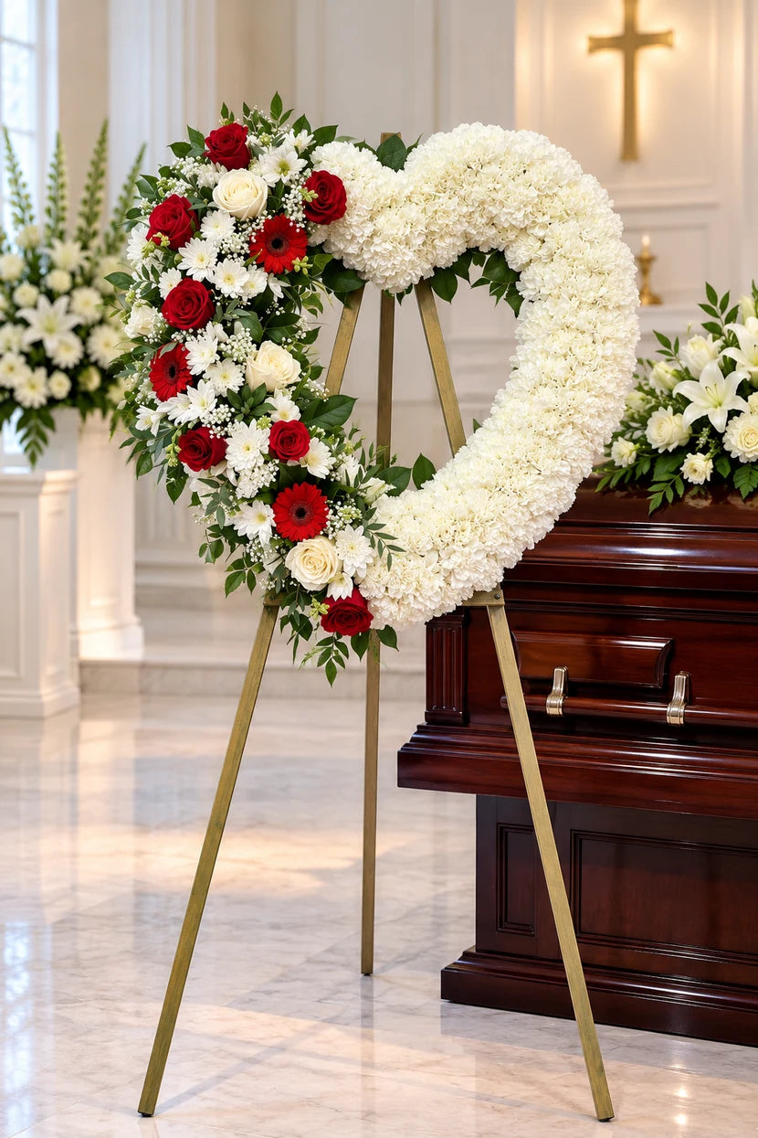 A heart-shaped floral wreath on a gold metal stand, decorated with white carnations, red roses, and white lilies with green foliage, displayed in a bright funeral home or chapel setting next to a dark wood casket.