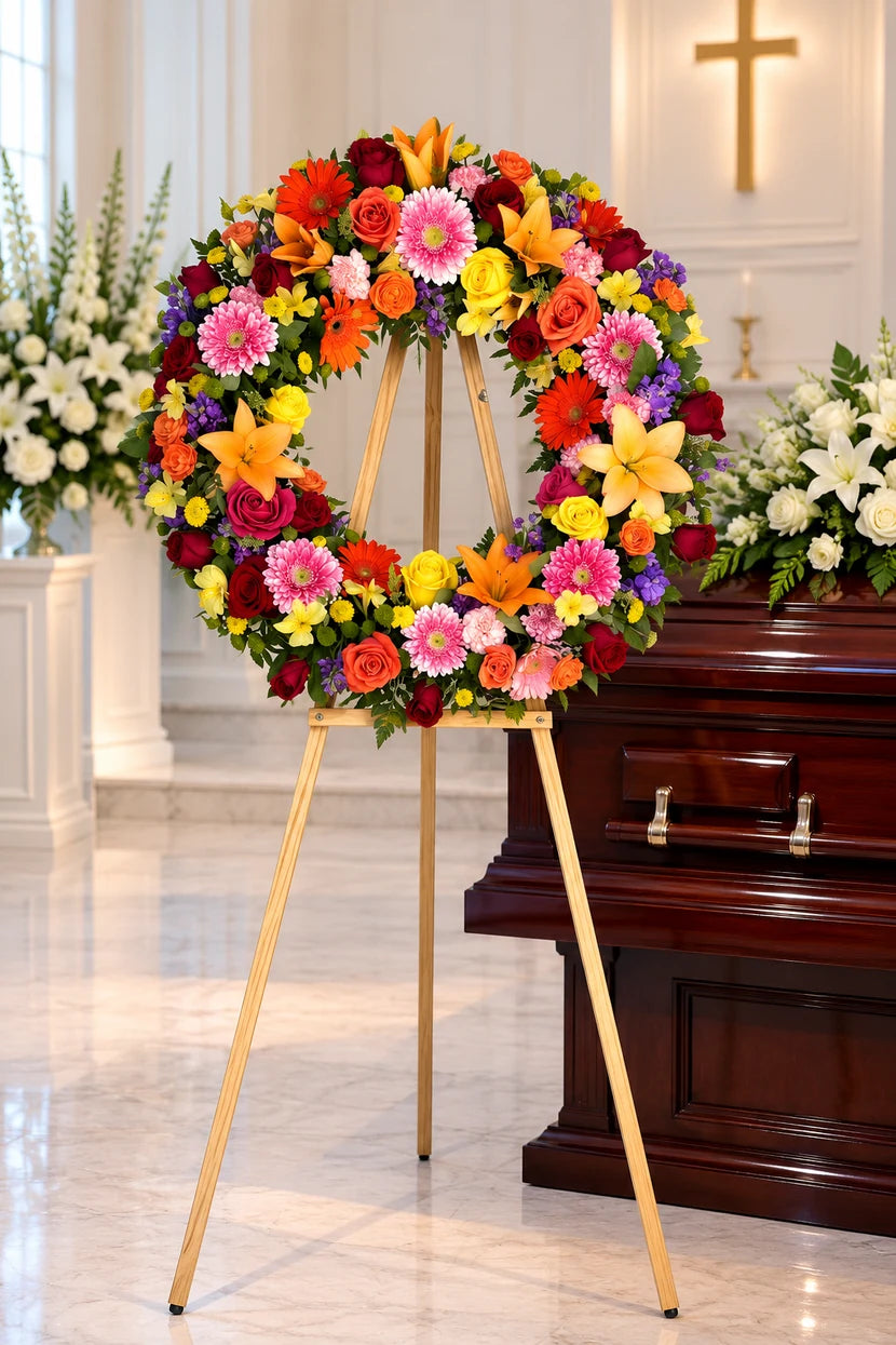 A vibrant, multicolor floral wreath displayed on a wooden easel stand in a bright, elegant chapel or funeral home setting, positioned next to a dark wood casket.