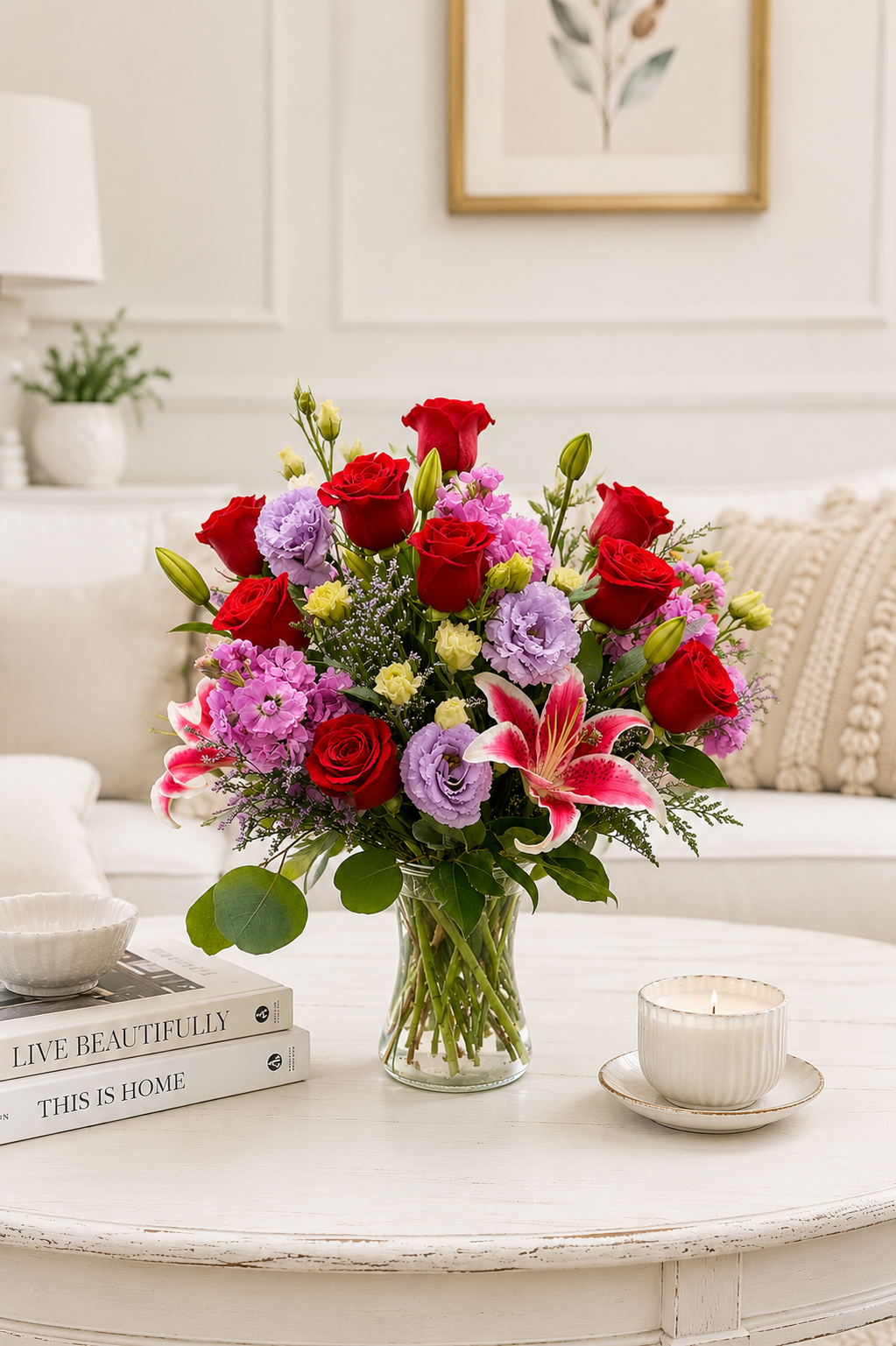 Bouquet of red, pink, and purple flowers in a clear vase on a coffee table.