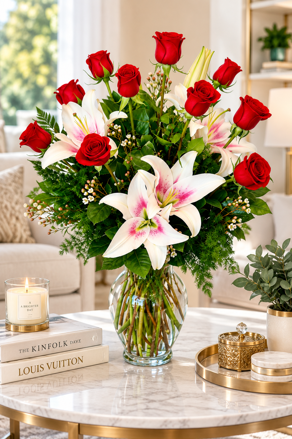 A large floral arrangement in a clear glass vase on a marble coffee table, featuring red roses, white lilies with pink centers, and green foliage. The arrangement is styled in a bright living room setting with a Louis Vuitton book, a lit candle, and decorative accessories.
