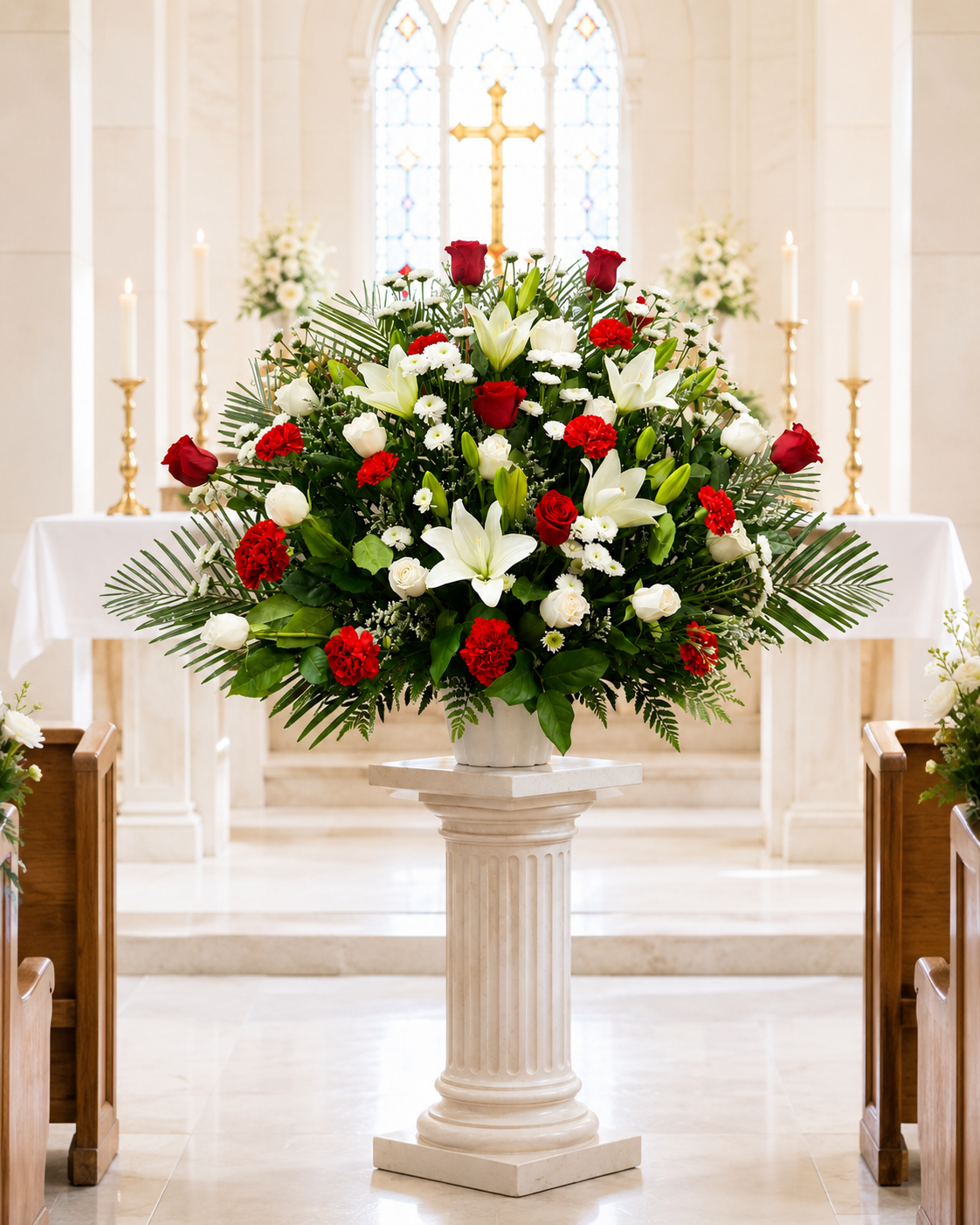 Eternal Grace Memorial Arrangement featuring white lilies, red and white roses, carnations, chrysanthemums, and lush greenery displayed as an elegant sympathy tribute beside a casket in a bright chapel.