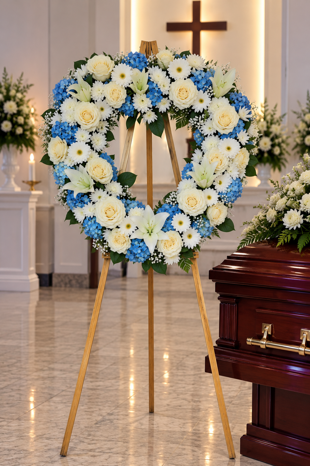 Everlasting Peace Blue & White Funeral Cross