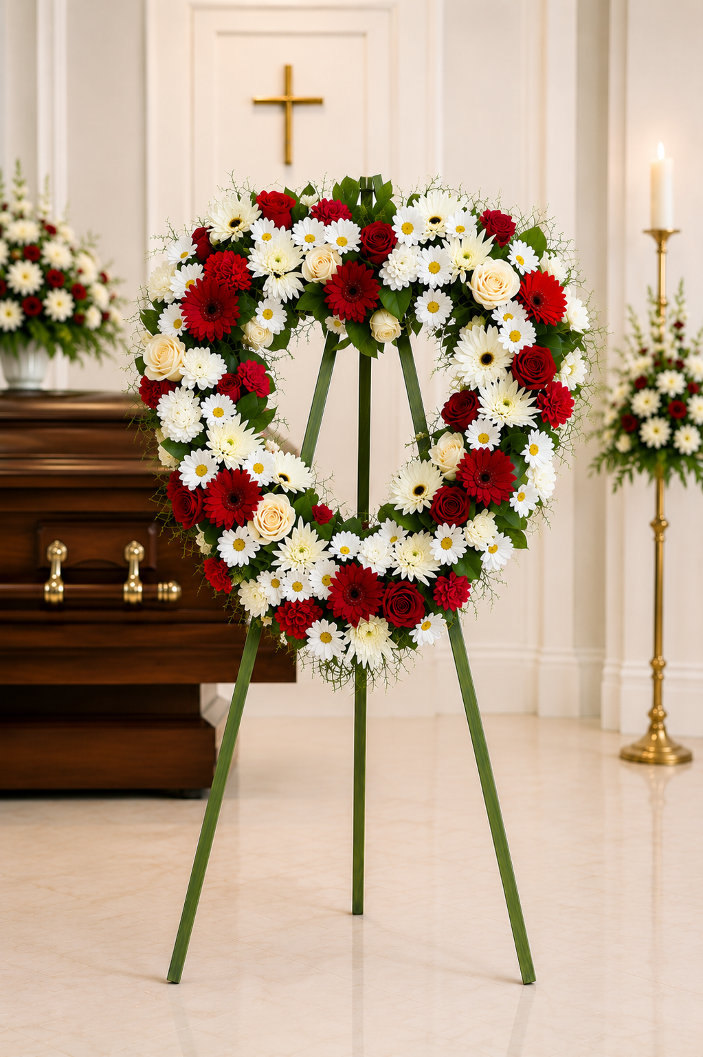 Heart-shaped floral arrangement in a funeral setting with a cross on the wall.