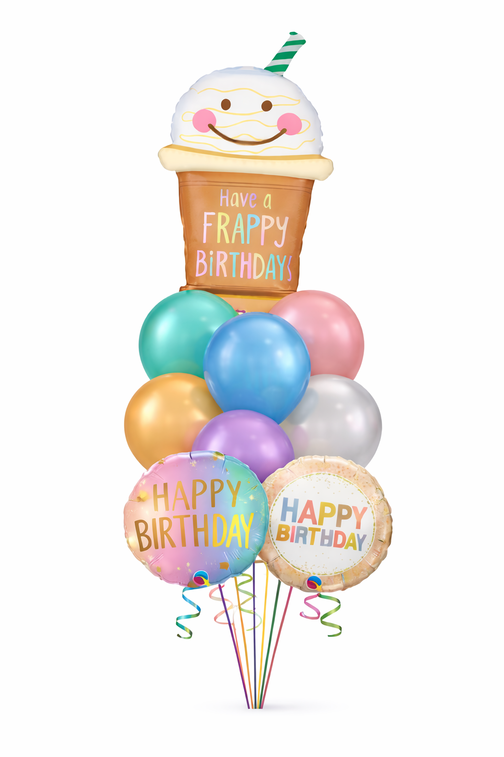 Colorful birthday balloons with a smiling ice cream cone and 'Happy Birthday' text on a white background