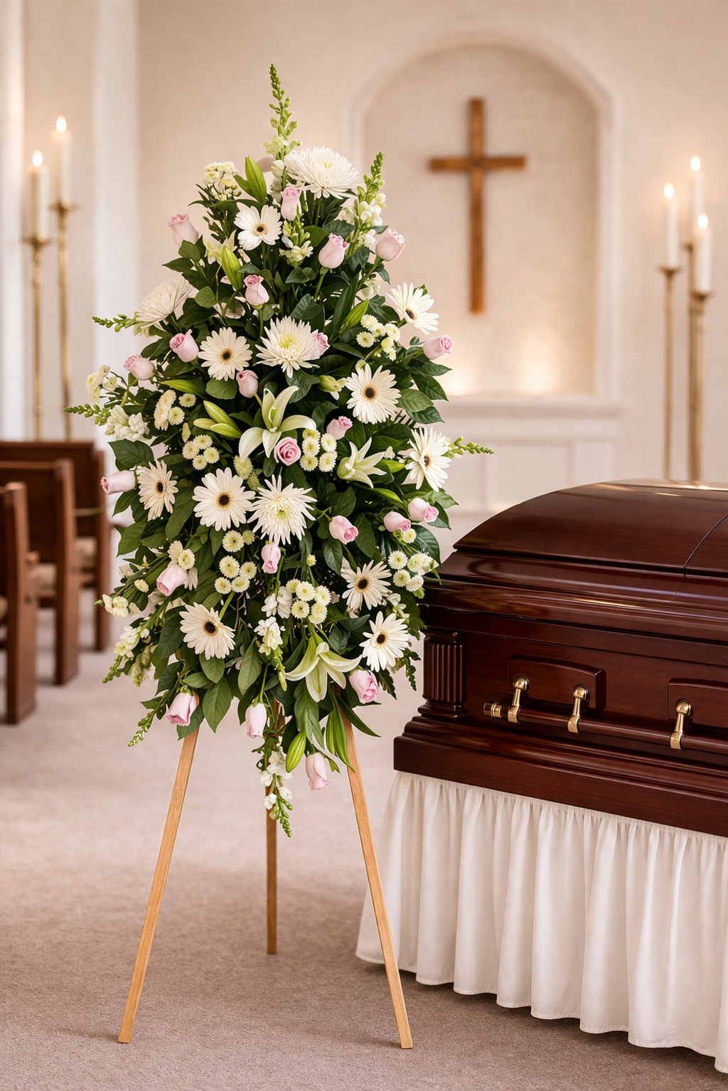 Floral arrangement on a stand in front of a casket in a funeral home setting.
