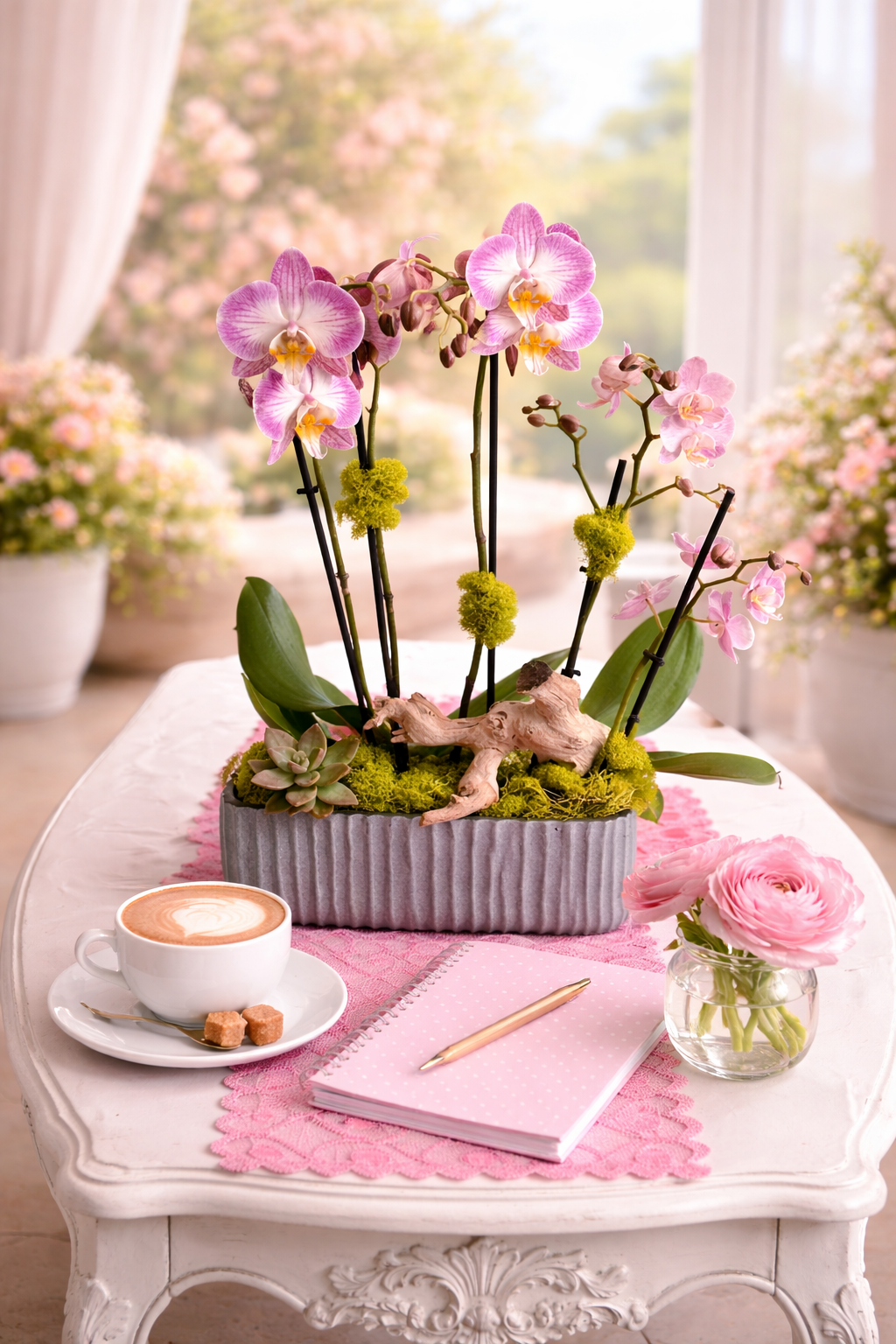 Decorative table setting with pink orchids, a cup of coffee, and a notebook.