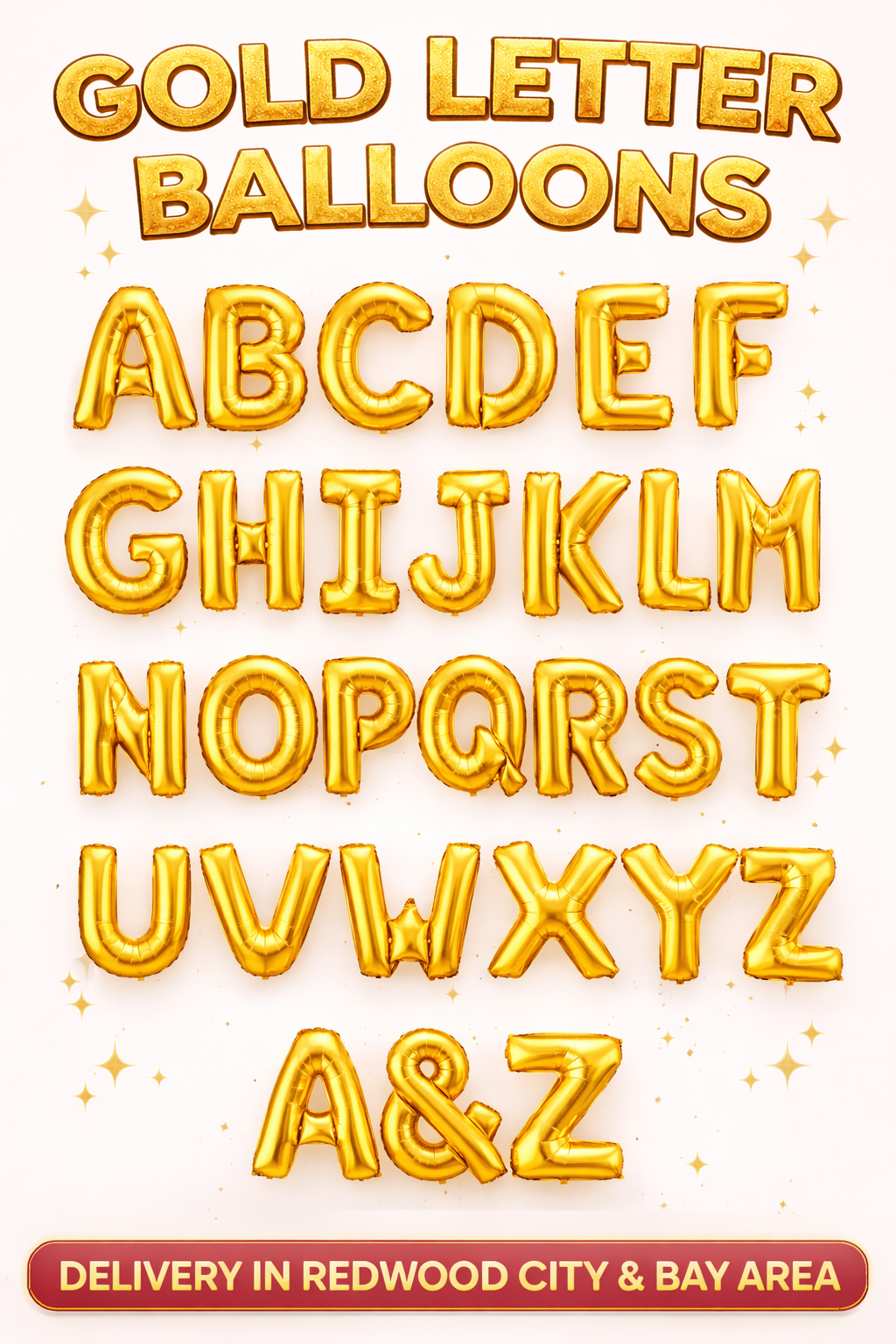 Gold letter balloons with alphabet on a white background