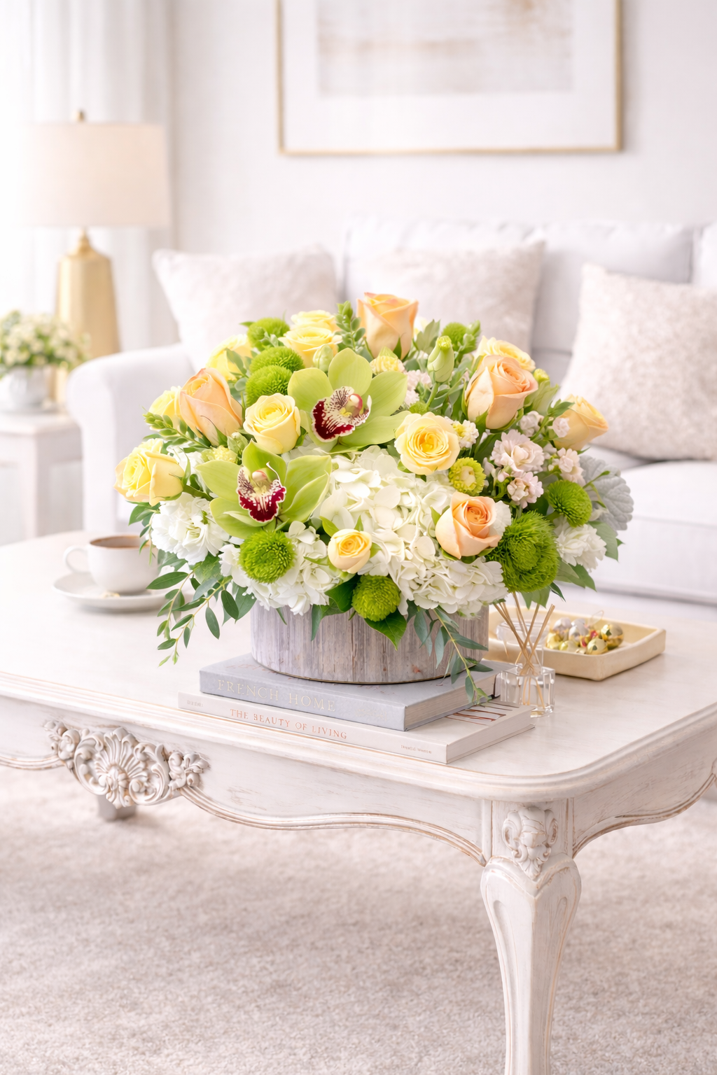Floral arrangement on a white coffee table in a living room setting