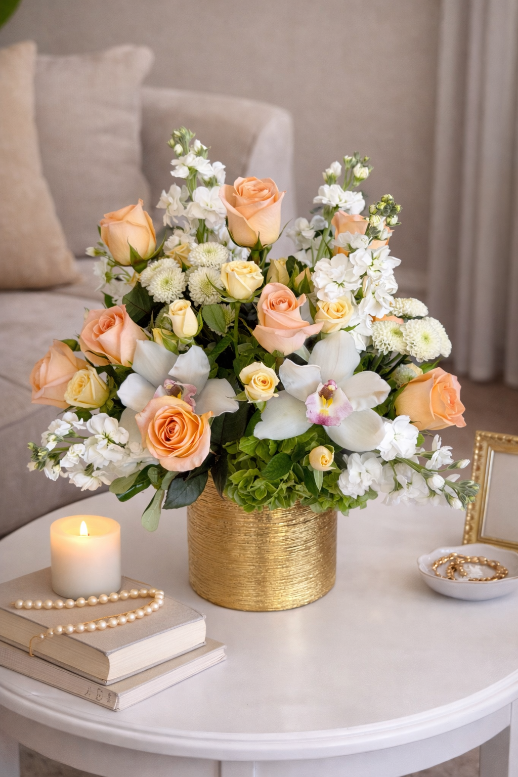 Floral arrangement in a gold vase on a table with a candle and books in a living room setting.
