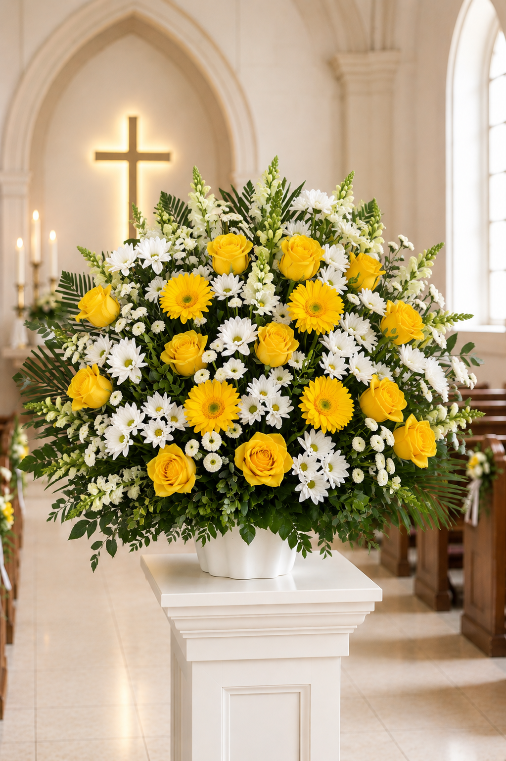 Floral arrangement with yellow and white flowers on a pedestal in a church setting.