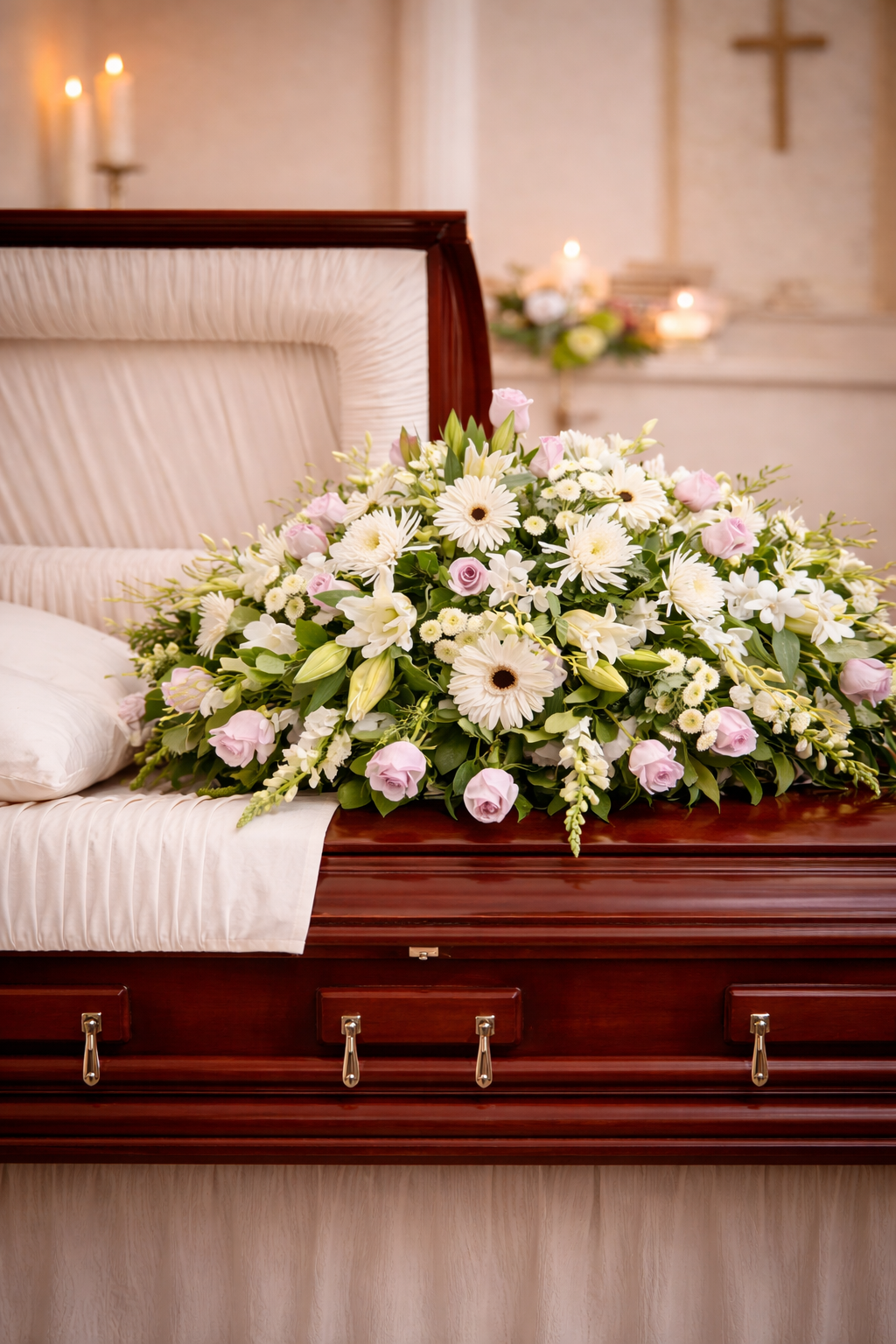 White and lavender sympathy casket spray on mahogany casket in chapel setting