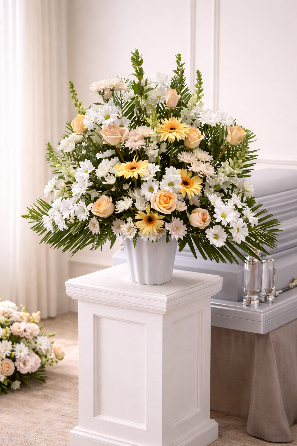 Floral arrangement on a white pedestal in a bright room