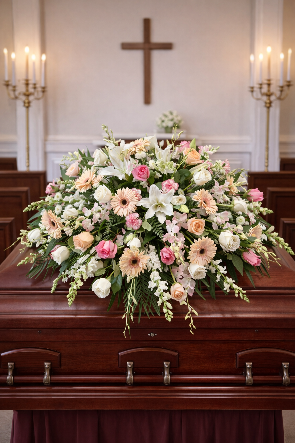 Floral arrangement on a wooden casket in a church setting with a cross in the background.