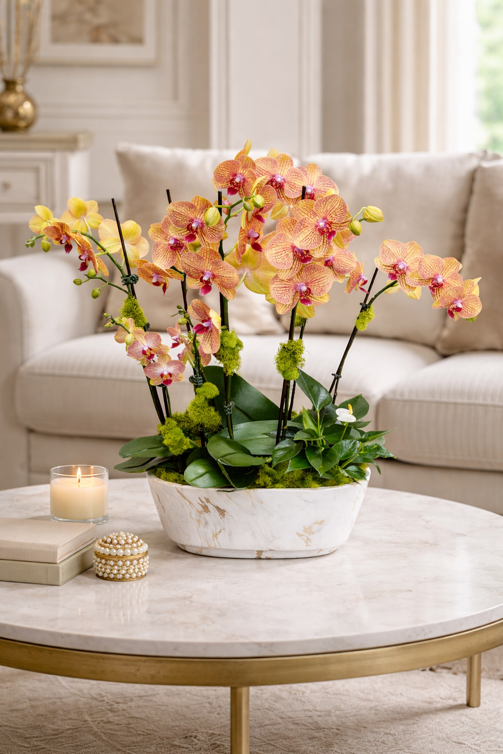 Bouquet of orchids on a marble coffee table in a living room setting