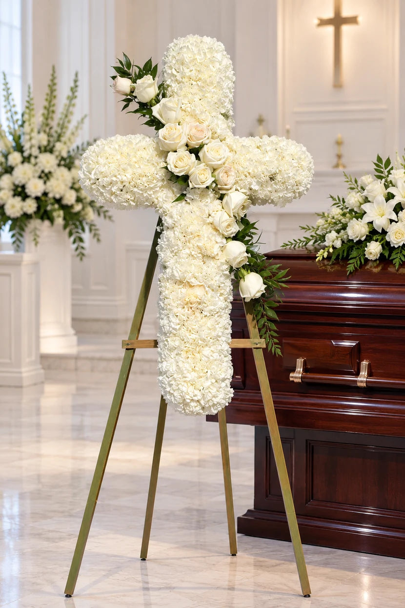 A large floral cross arrangement made of white and cream roses and hydrangeas with green foliage, displayed on a gold easel stand in a church interior next to a dark wooden casket.