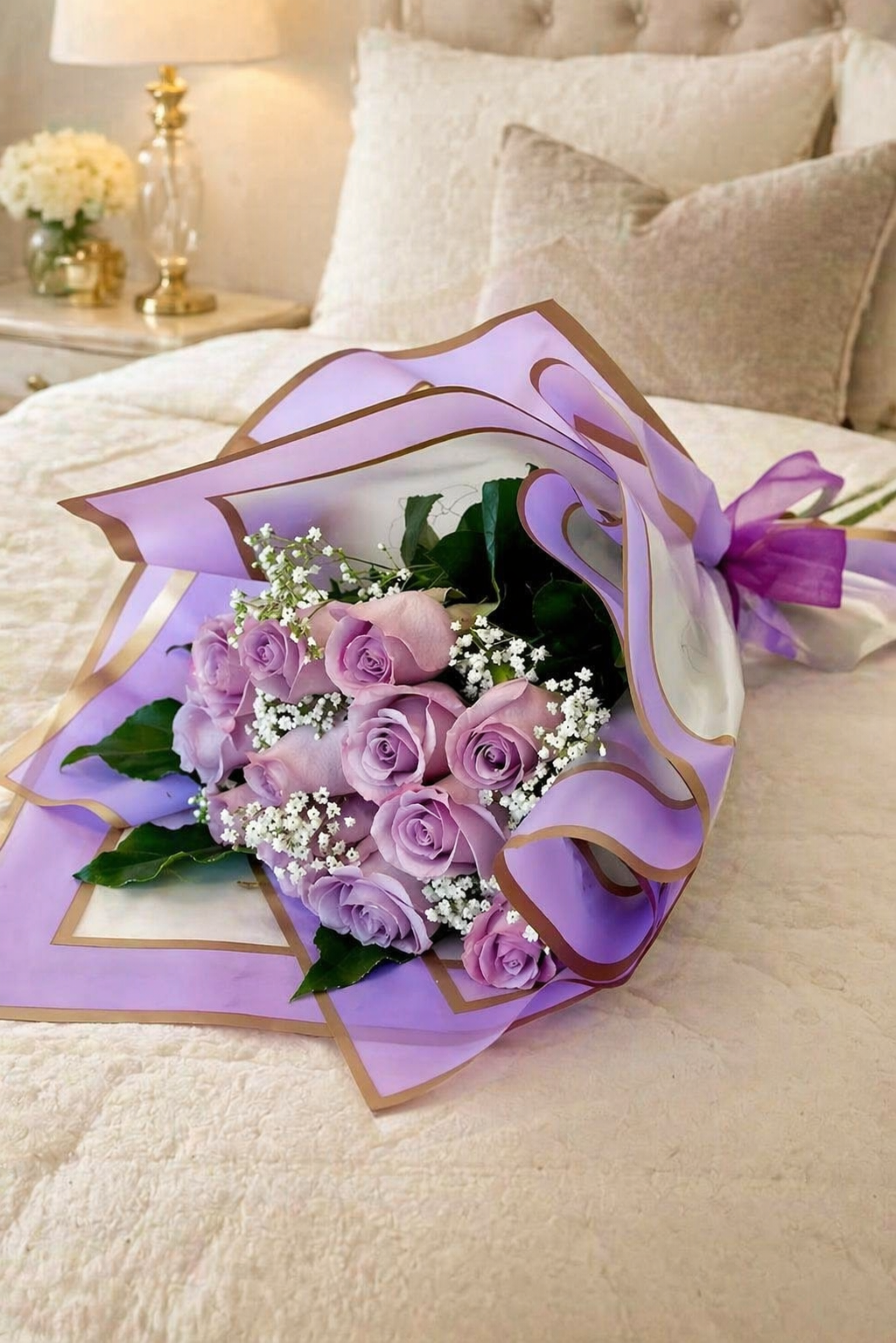 Bouquet of purple flowers in a decorative box on a bed