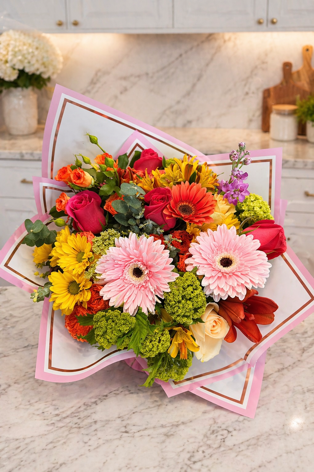 Colorful bouquet of flowers on a marble countertop with kitchen cabinets in the background