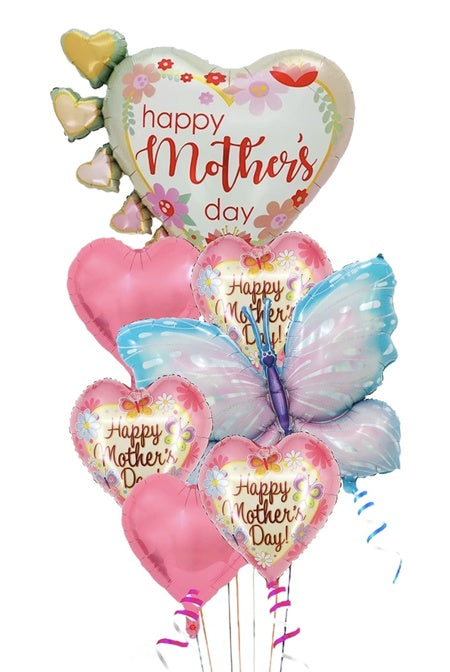 Bouquet of Mother's Day balloons with heart and butterfly shapes on a white background
