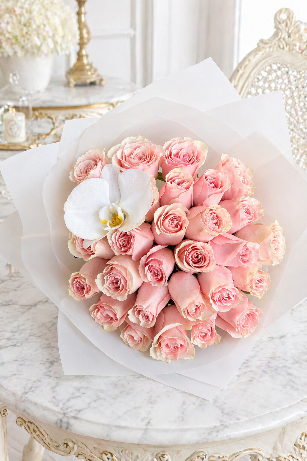 Bouquet of pink roses with a white orchid on a marble table