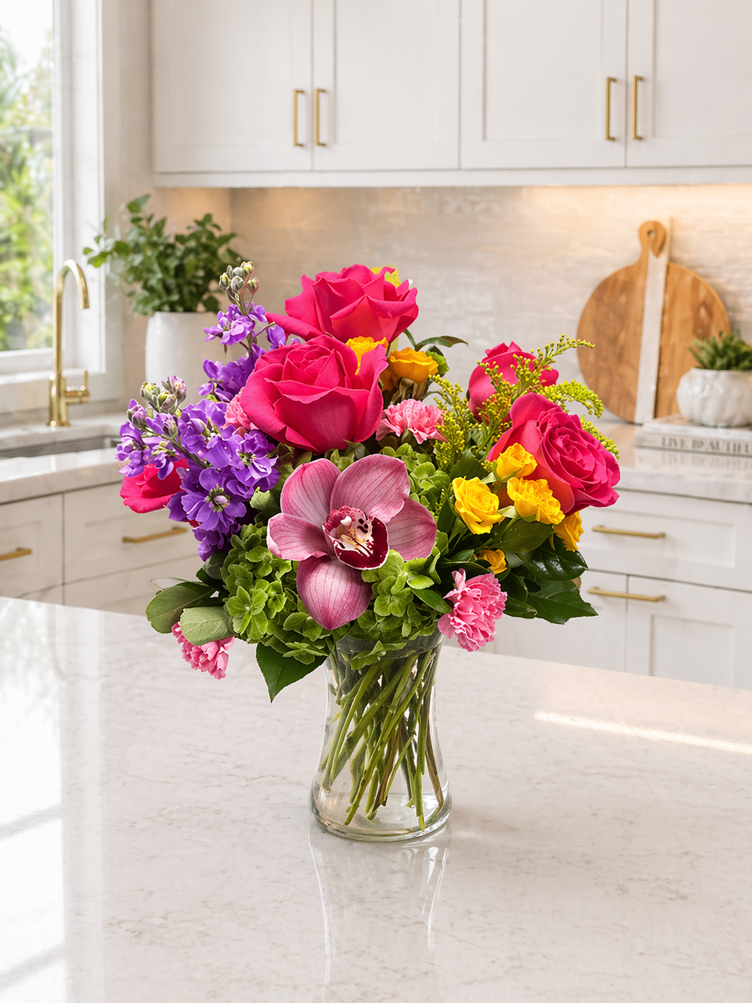 Colorful bouquet of flowers in a vase on a kitchen counter