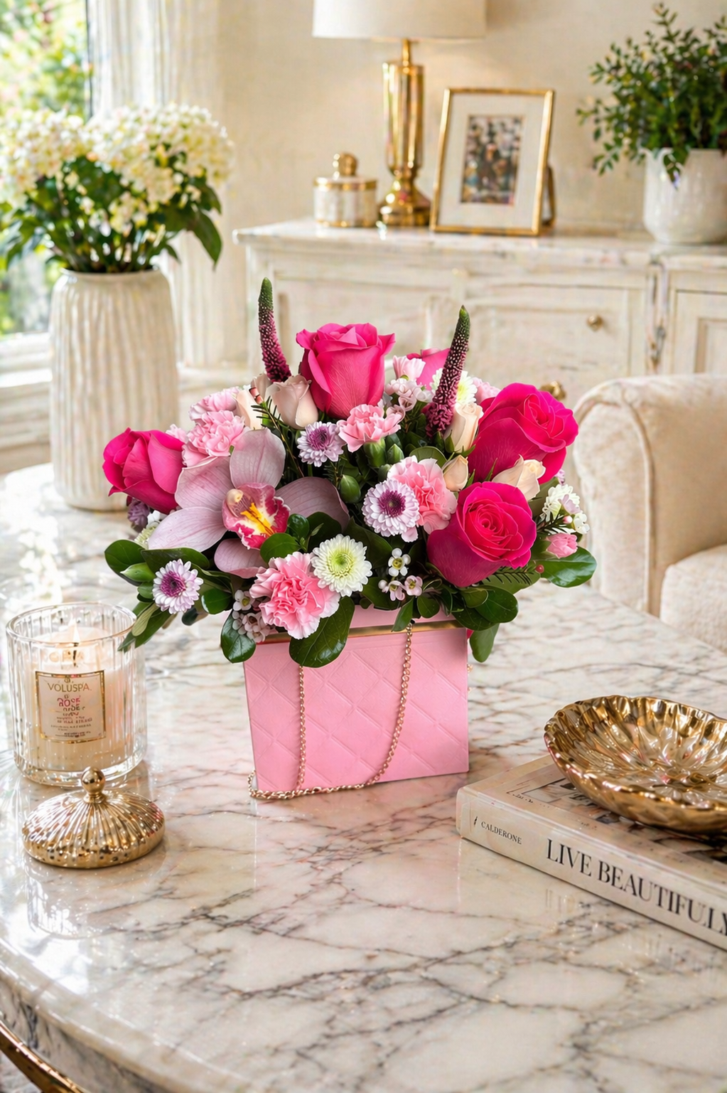 Floral arrangement in a pink box on a marble table with decor items.