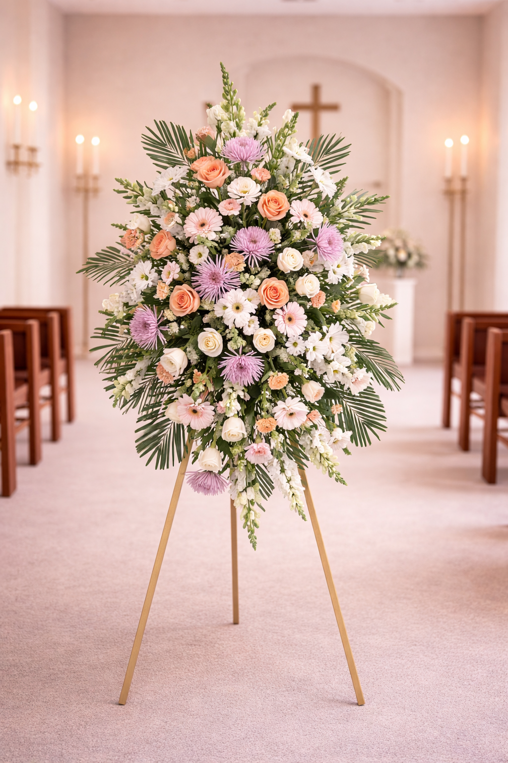 Pastel pink peach and white funeral standing spray in chapel on easel