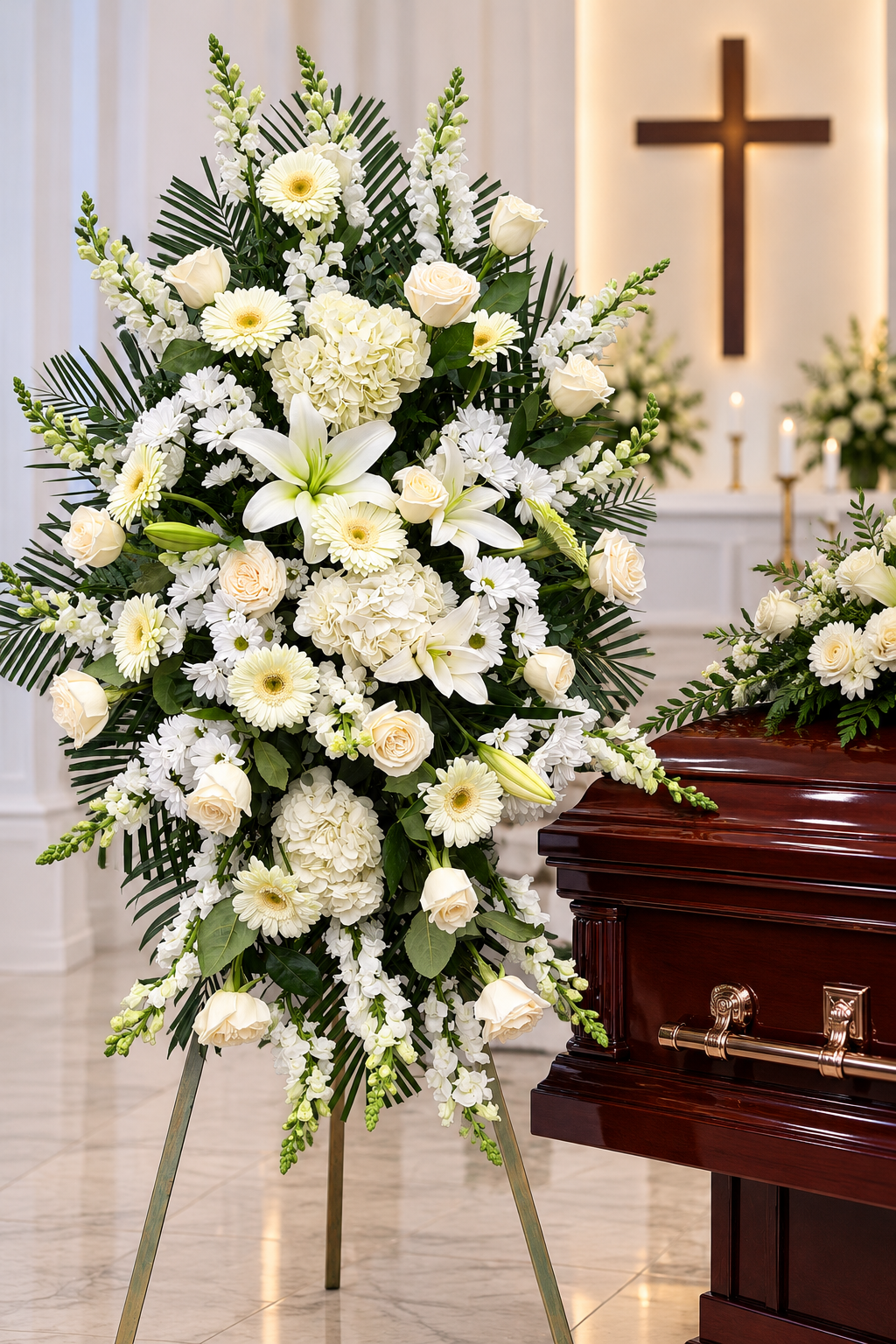Peaceful Memories white funeral standing spray with roses, lilies, hydrangeas and white daisies displayed beside a mahogany casket in a chapel.
