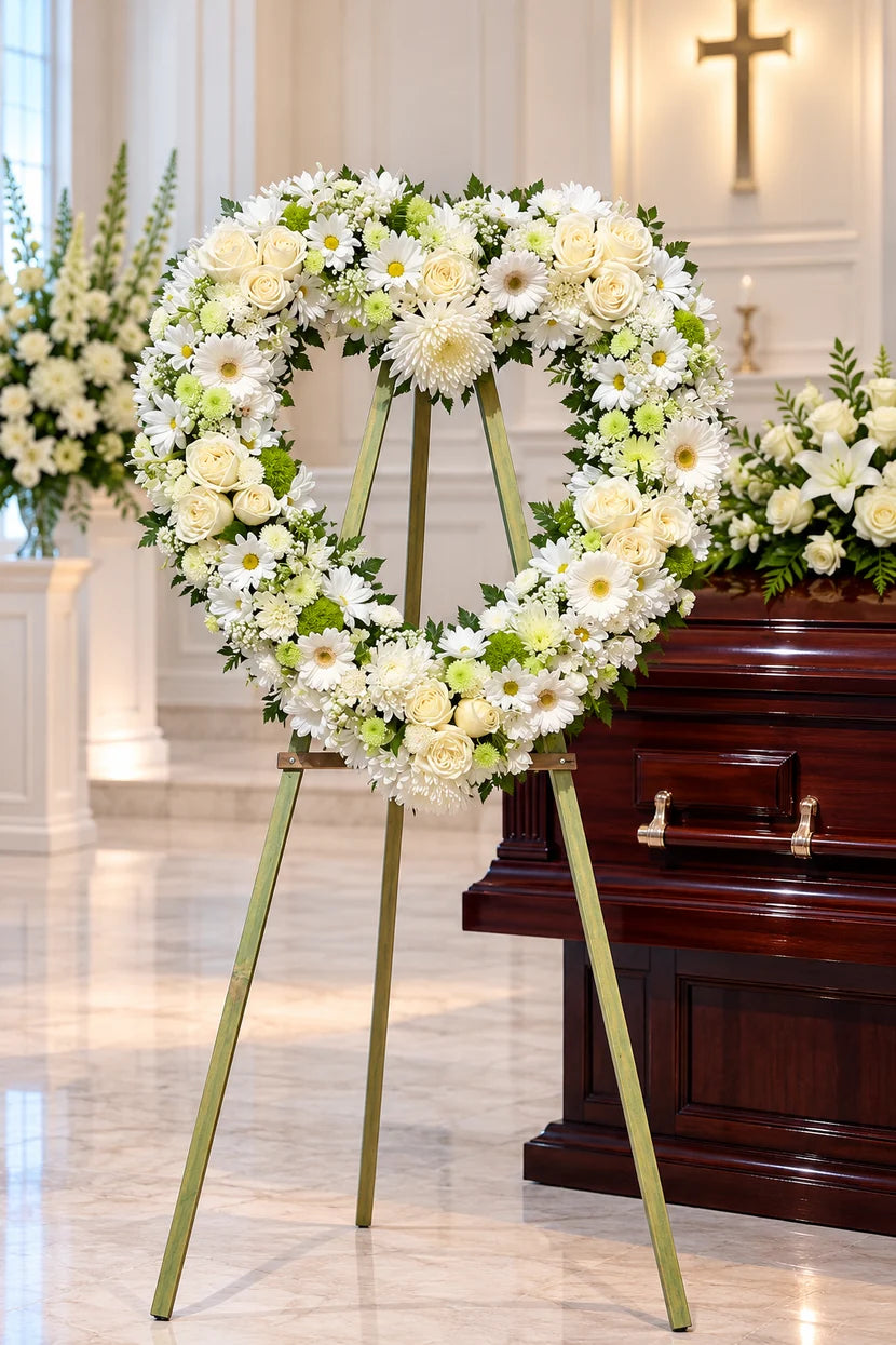 A heart-shaped floral wreath made of white and cream daisies, roses, and green foliage, displayed on a gold-colored metal easel stand in a church or funeral home setting next to a dark wood casket.