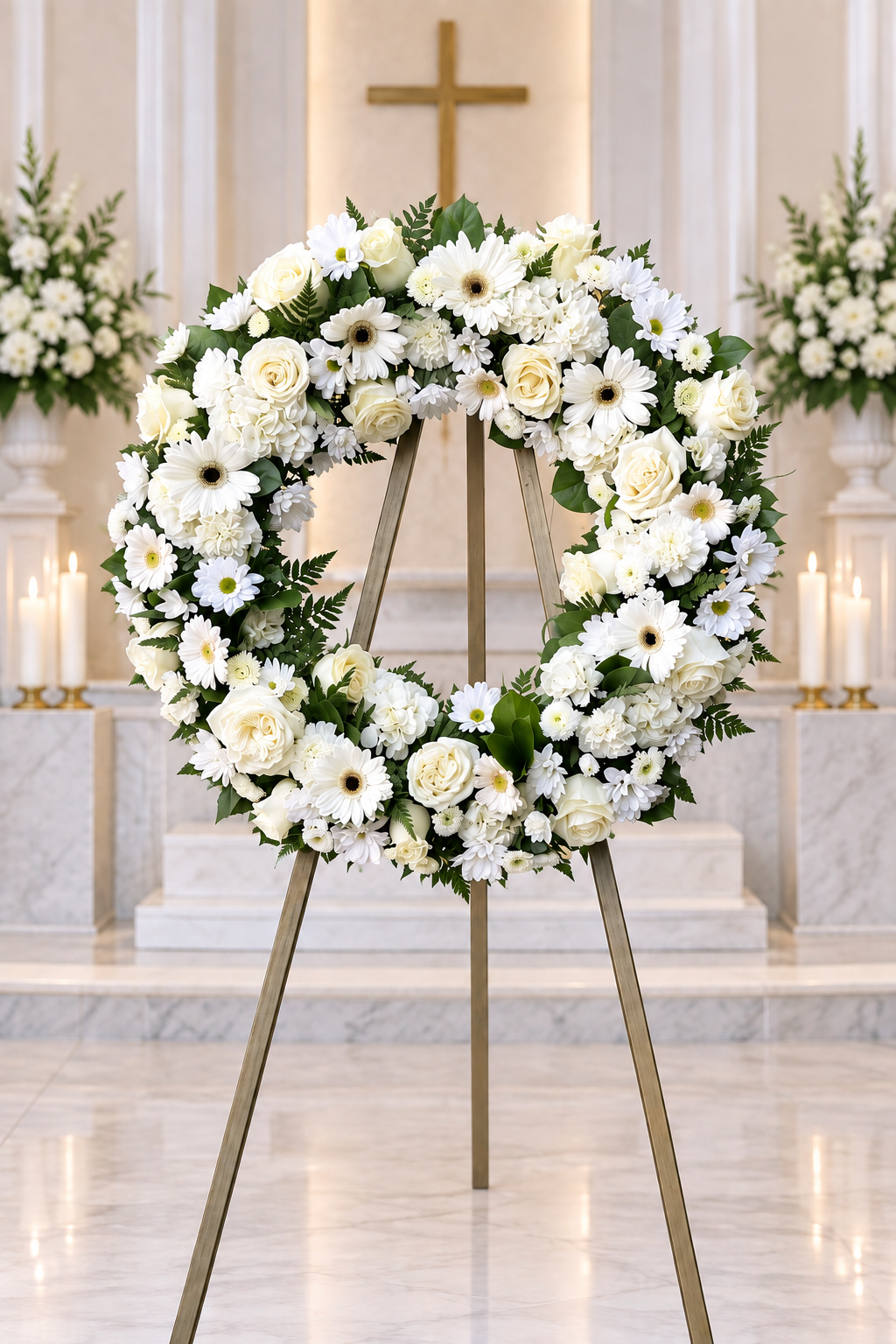 A circular floral wreath made of white roses, daisies, and green foliage, displayed on a gold-colored metal stand in a bright, elegant chapel with candles and a cross in the background.