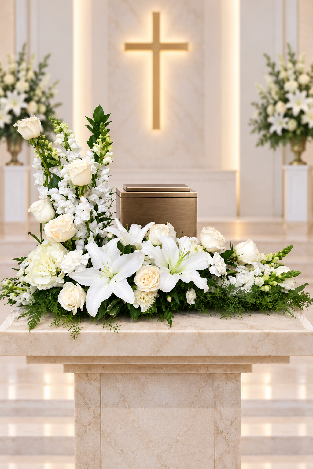 Peaceful Memories white sympathy urn flower arrangement with lilies, roses and hydrangeas surrounding a bronze cremation urn in a chapel.